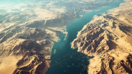 "A detailed aerial view of Egypt with the Suez Canal and Nile River highlighted against a desert backdrop