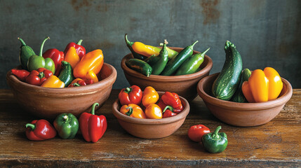 Colorful Bell Peppers  Zucchini and Jalapenos in Rustic Bowls