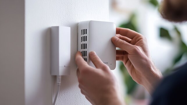 inserting wireless Wi-Fi repeater into power socket indoors, closeup