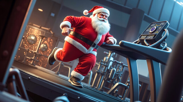 A man dressed as Santa Claus running on a treadmill in a gym