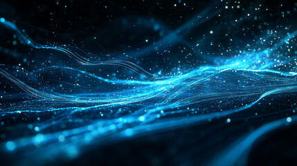 Abstract Blue Light Particles Flowing on Black Background