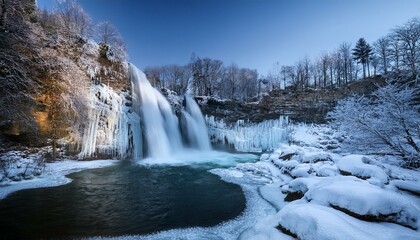 凍りついた滝の中で、水しぶきが絶え間なく動き続ける冬の景色。氷と水が交わり、ダイナミックで幻想的な自然の美しさを際立たせる冬の風景