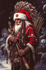 Obraz premium A painting of a man dressed as a santa claus holding a sword