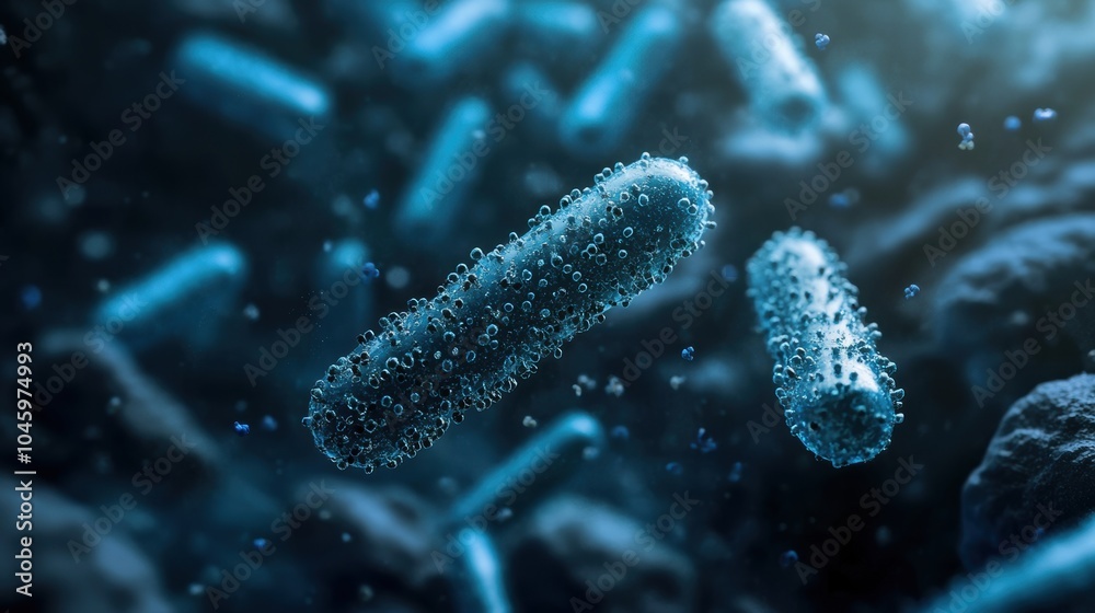 Leinwandbilder Bacteria are observed floating in a dark aquatic environment, showcasing their unique shapes and potential interactions with surroundings. Generative AI