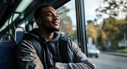 A man rides on a bus and looks out the window with a smile. The concept of travel in public transportation. .