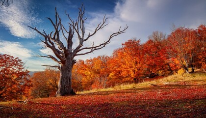 色とりどりの紅葉に囲まれ、立ち枯れた木が堂々と立つ風景。鮮やかな葉の華やかさと、枯れた木の無骨さが対照的な美しさを作り出し、自然の中に存在する力強さと儚さが同時に感じられる瞬間