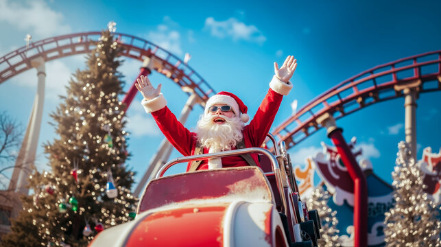 A man dressed as Santa Claus riding a roller coaster at a theme park