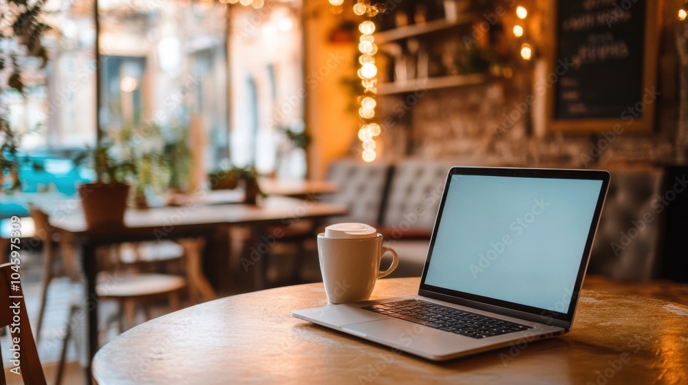 Poster a laptop rests on a table next to a coffee cup, set in a warm and inviting café with soft lighting a