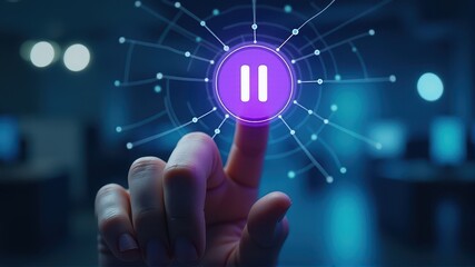 Finger tapping a glowing purple pause button on a digital interface with a futuristic network in a blurred blue office background.