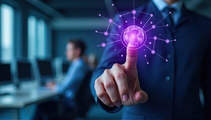 Businessman interacts with a glowing digital network interface, symbolizing futuristic technology in a modern office setting.