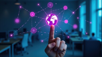 A finger touches a glowing digital globe with network connections in a futuristic office environment, symbolizing global connectivity and technology.