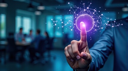 A person interacts with a glowing digital sphere in an office setting, symbolizing innovation and technology in business environments.