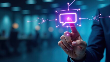 A hand interacts with a glowing digital interface, highlighting modern technology and communication in a futuristic office setting.