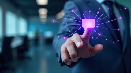 A businessman in a suit interacts with a glowing digital network interface in a modern office setting.