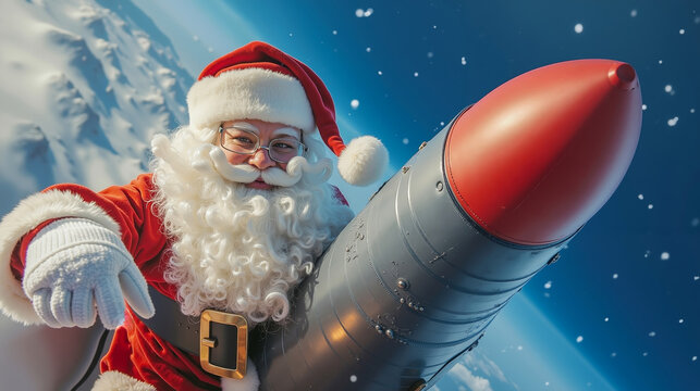 A santa claus is holding a rocket in the air