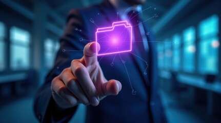 A business professional interacts with a glowing digital folder, symbolizing data management and technology innovation in a modern office setting.