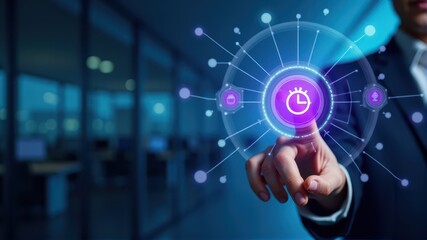 A business professional interacts with a futuristic digital interface highlighting time management and technology themes.