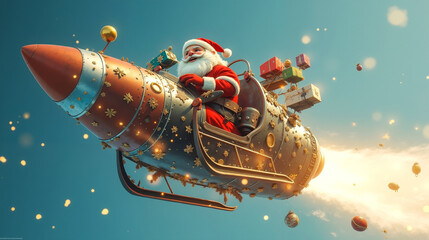 A santa claus is flying in a rocket with presents on it