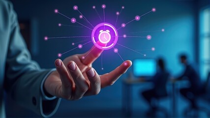Fototapeta premium Futuristic hand interacting with digital time interface in a tech office setting, symbolizing innovation and connectivity.