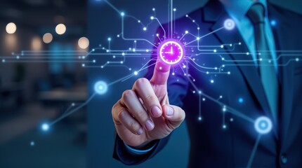 A businessman in a suit interacts with a futuristic digital interface, highlighting a glowing clock symbol amid a network of connected lines.