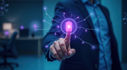 Fototapeta premium A person in a suit interacts with a digital network interface displaying a glowing battery icon, symbolizing innovation and connectivity in technology.