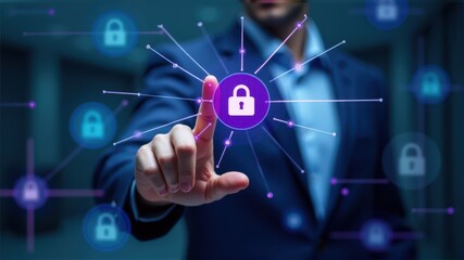 Fototapeta premium A business professional engages a digital lock icon on a virtual touchscreen interface, symbolizing cybersecurity and data protection.