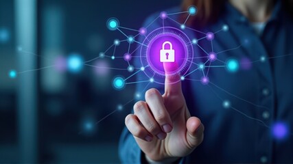 Fototapeta premium A person interacts with a digital security interface featuring a glowing lock icon, symbolizing secure technology and data protection.