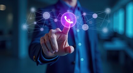 A businessman interacts with a virtual network interface, highlighting digital communication and connectivity.