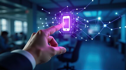 Fototapeta premium A hand reaches towards a glowing digital smartphone icon surrounded by a network of connected nodes in a futuristic office setting.
