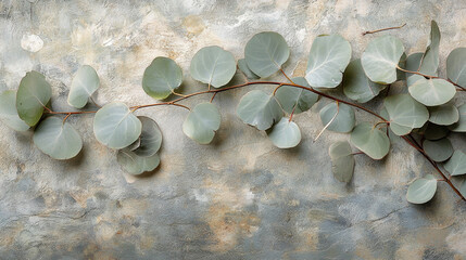 Eucalyptus Branch with Green Leaves on Rustic Grey Background