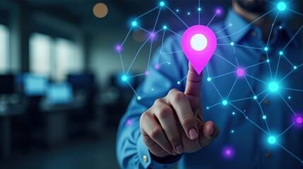 Innovative concept of digital map navigation with a glowing location pin on a touchscreen interface representing connectivity and technology in a modern office setting.