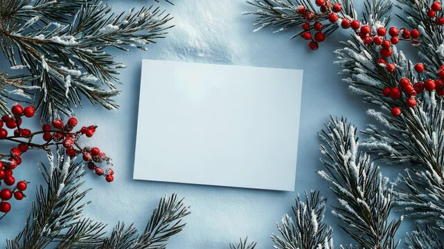 Winter mockup of a blank invitation card set against a snowy background, with pine branches and berries adding a festive touch, ideal for holiday event designs. . Video