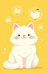 Obraz premium Portrait fluffy white cat , smiling cat looking at camera, cartoon drawn circles with chicken inside circles flying around cat head, yellow pastel solid background