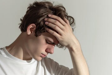 Young man feeling stressed and overwhelmed, standing against a plain background while coping with strong emotions on a difficult day