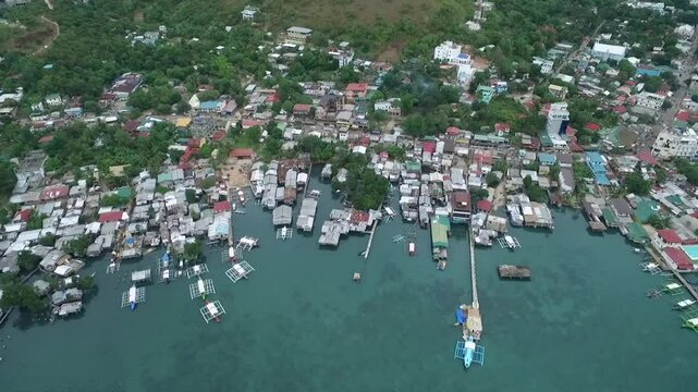 Coron Cityscape and Seashore in Background. Palawan, Philippines. Local Architecure in Background. Drone