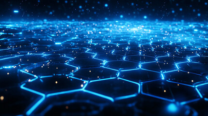 Obraz premium Abstract Blue Hexagon Grid Pattern with Glowing Lines and Lights Futuristic Technology B
