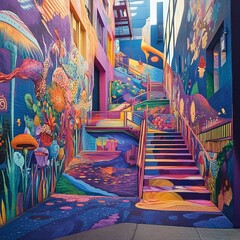 Fototapeta premium A vibrant urban street filled with creative murals and artistic installations, symbolizing inspiration.