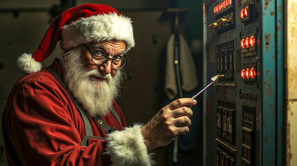 Obraz premium A man dressed as Santa Claus working on an electrical panel