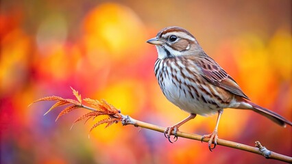 Fototapeta premium song sparrow perching on thin branch with colorful background