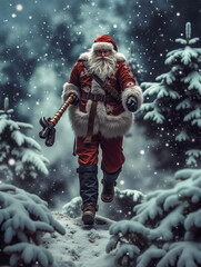 A man dressed as Santa Claus walking through a snowy forest