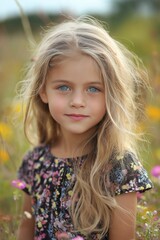 A young girl with blue eyes smiles amidst a vibrant field of flowers, exuding innocence and joy.