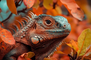 Fototapeta premium Iguana surrounded by vibrant autumn leaves, showcasing its vivid scales and striking colors in natural habitat.
