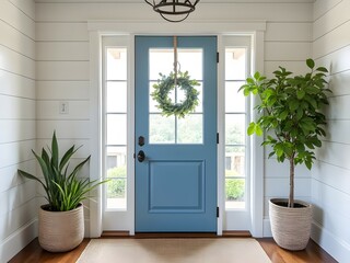 Beautiful coastal home entryway with shiplap walls blue door and natural fiber rug, home interior, decorative style, house beautiful design