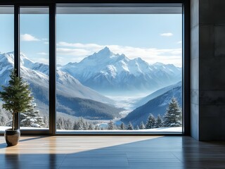 Cozy living room with breathtaking snow-covered mountain view through modern floor-to-ceiling windows