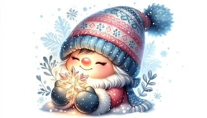 Cute watercolor gnome in cozy mittens cradling glowing crystal snowflake, with snowflakes softly falling around him