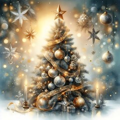 Watercolor Christmas tree adorned with vintage glass ornaments and delicate golden ribbons, softly glowing in evening light