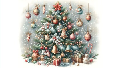 Watercolor Christmas tree decorated with hand painted wooden toys, bells, and glass baubles, surrounded by softly falling snow