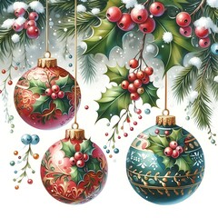 Traditional watercolor Christmas baubles with holly and berry designs, dangling from snow covered branches