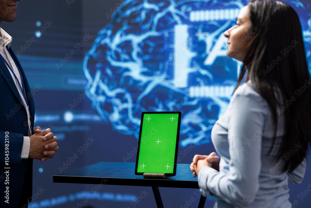 Poster teamworking colleagues in startup doing advancements in ai field using chroma key tablet. mockup dev