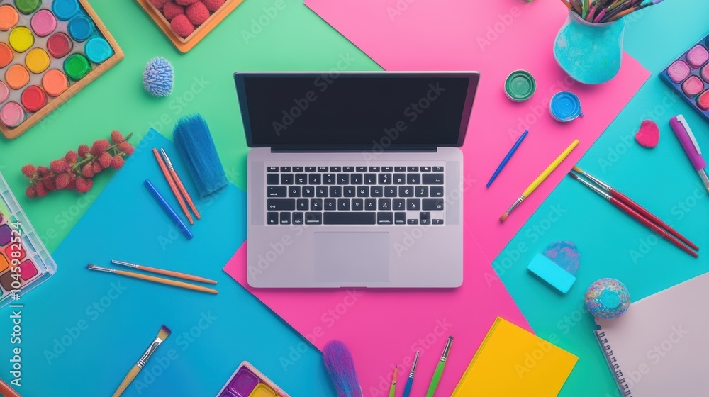 Poster a laptop sits at the center among vivid art materials and stationery, creating an inspiring workspac